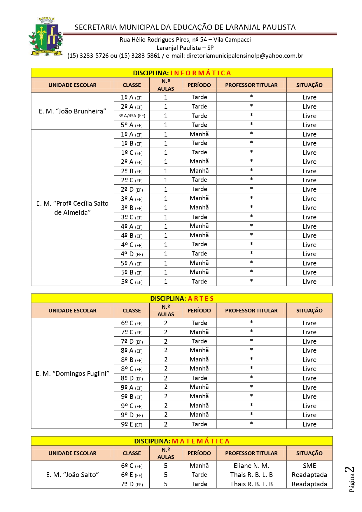 Atribuição de classes/aulas excedentes fase durante o ano letivo nº 001/2021