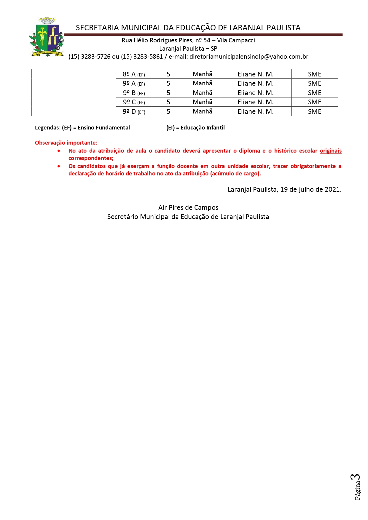 Atribuição de classes/aulas excedentes fase durante o ano letivo nº 001/2021