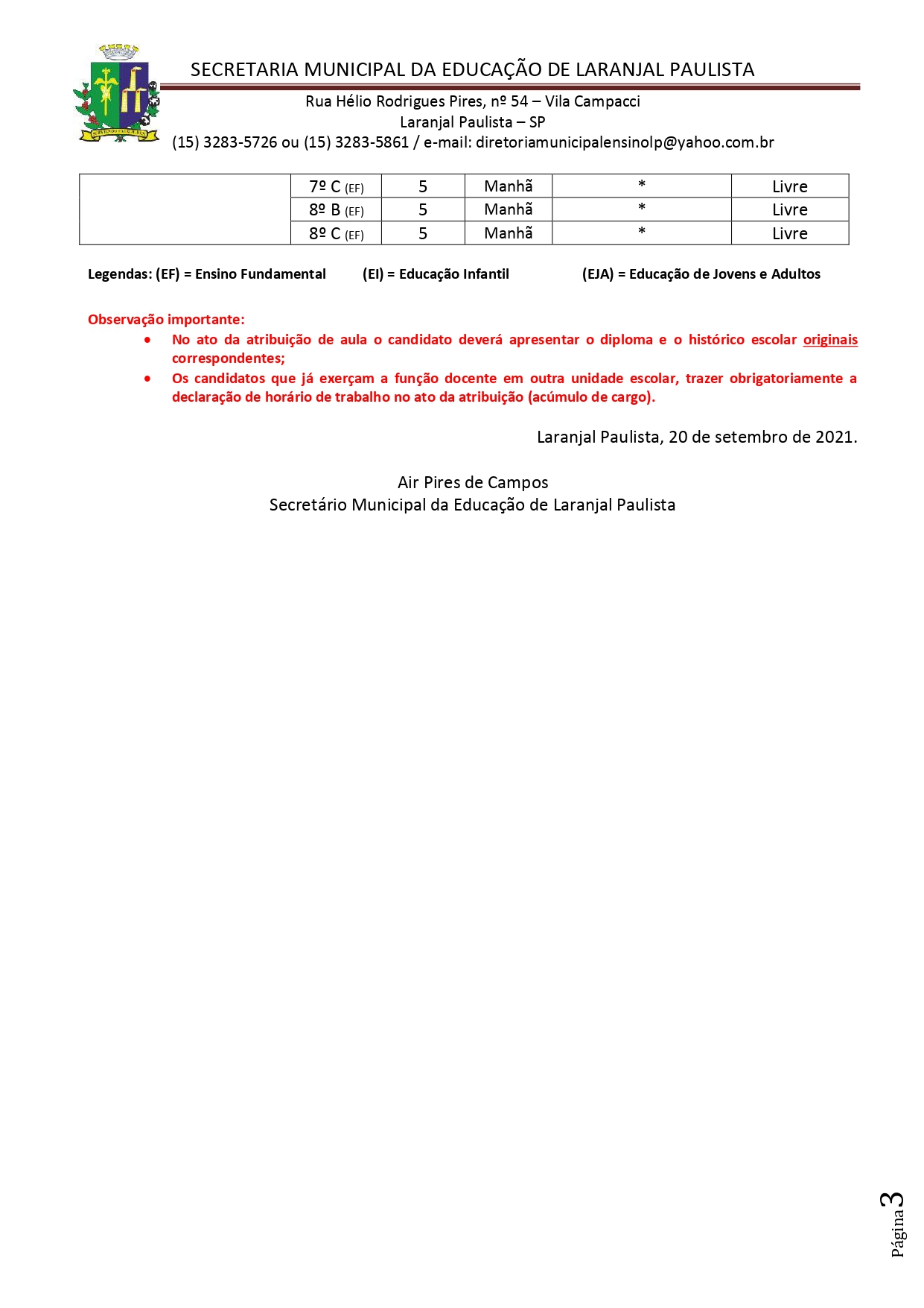 Atribuição de classes/aulas nº 003/2021