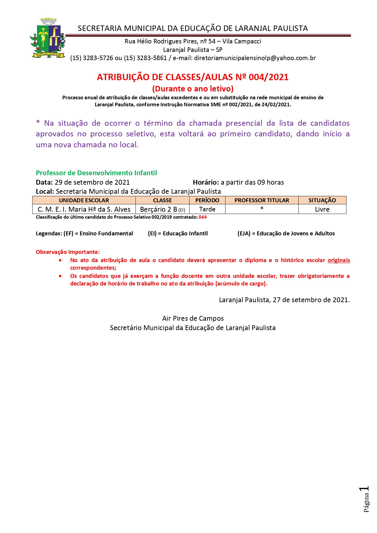 Atribuição de classes/aulas nº 004/2021