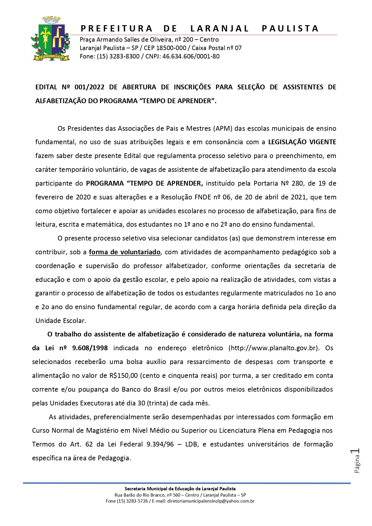 Edital nº 001/2022 de abertura de inscrições para seleção de assistentes de alfabetização do programa "Tempo de Aprender".