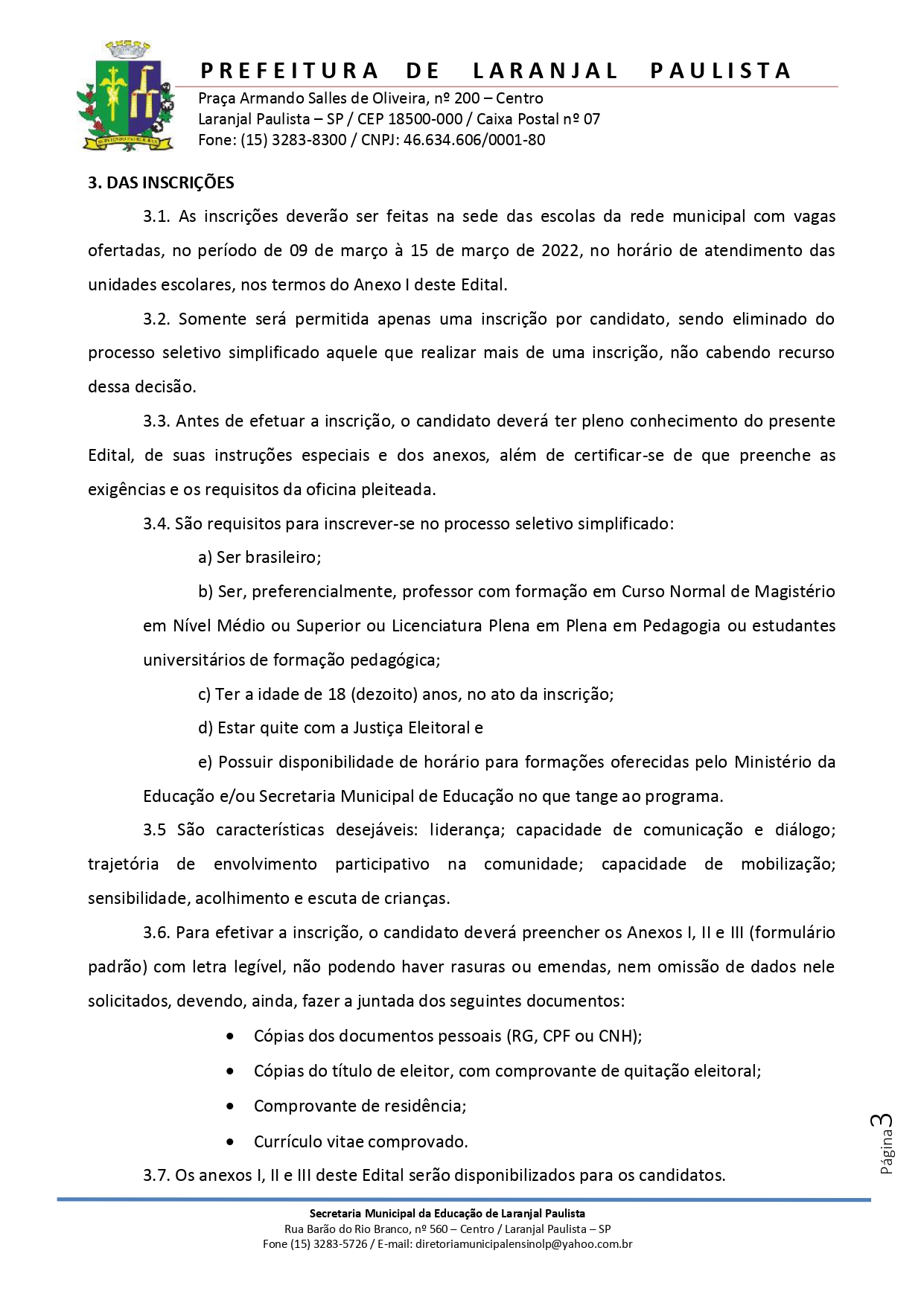 Edital nº 001/2022 de abertura de inscrições para seleção de assistentes de alfabetização do programa "Tempo de Aprender".