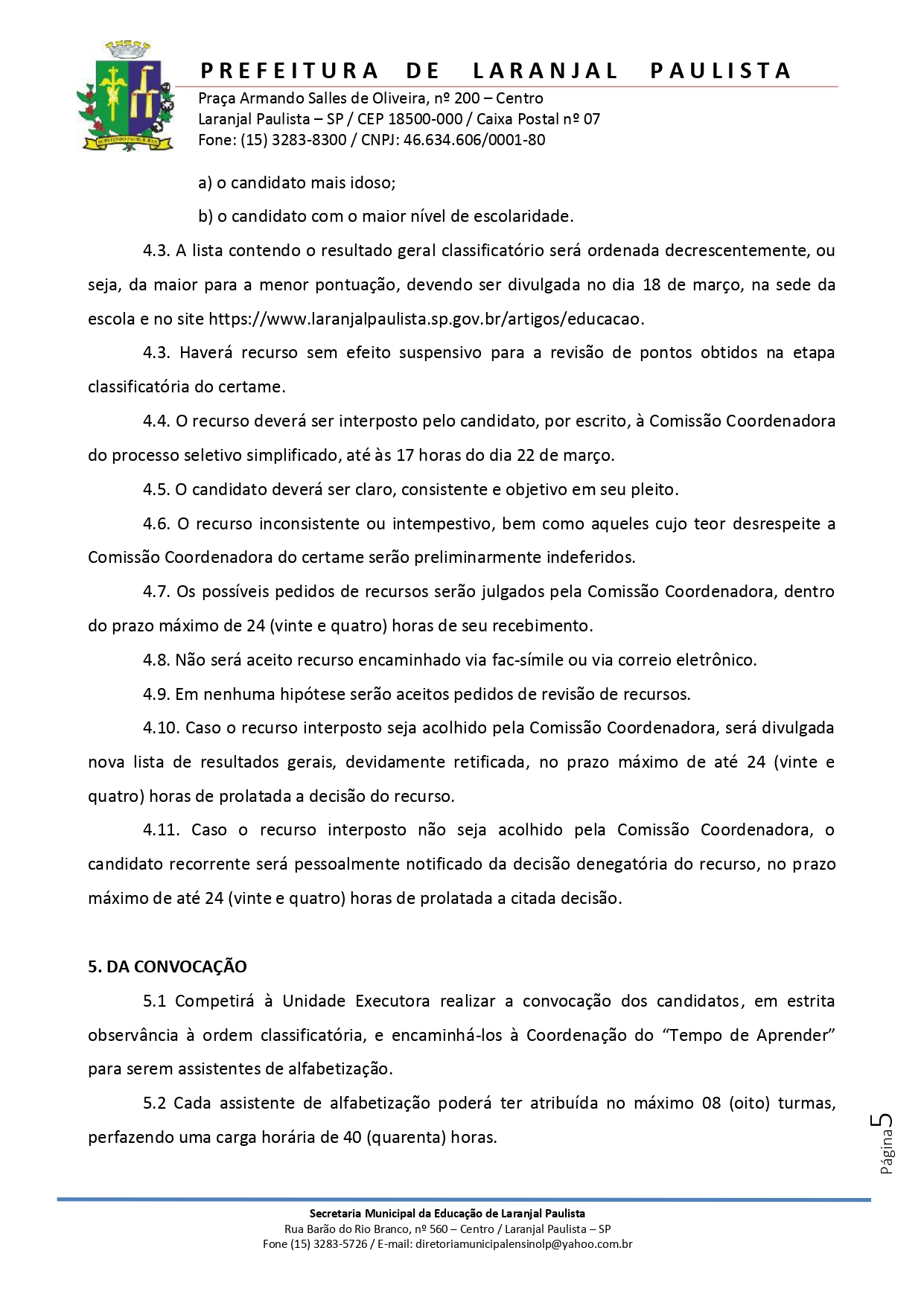 Edital nº 001/2022 de abertura de inscrições para seleção de assistentes de alfabetização do programa "Tempo de Aprender".