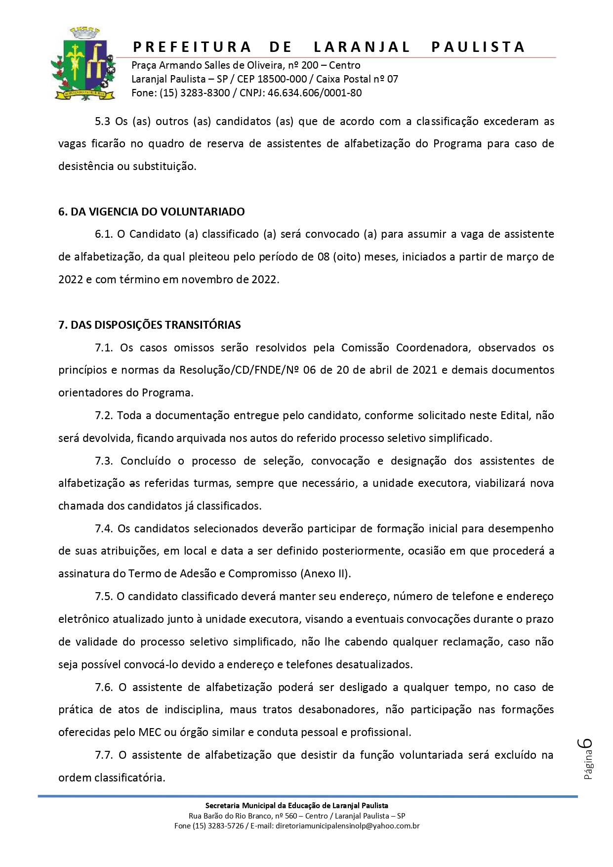 Edital nº 001/2022 de abertura de inscrições para seleção de assistentes de alfabetização do programa "Tempo de Aprender".