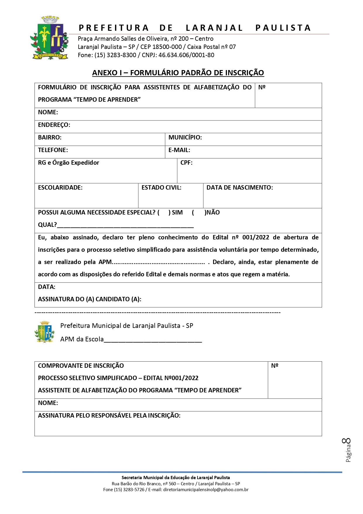 Edital nº 001/2022 de abertura de inscrições para seleção de assistentes de alfabetização do programa "Tempo de Aprender".