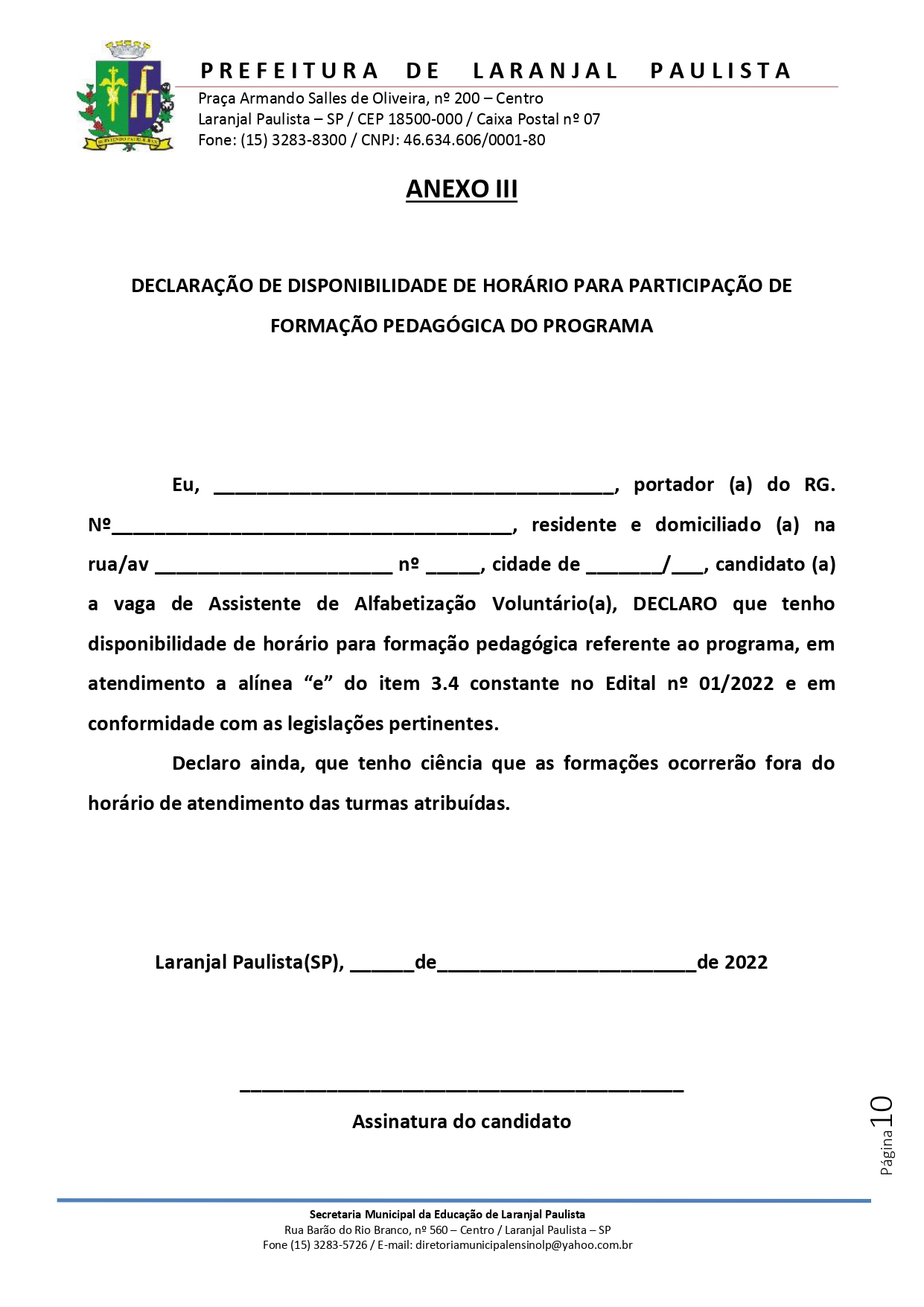Edital nº 001/2022 de abertura de inscrições para seleção de assistentes de alfabetização do programa "Tempo de Aprender".