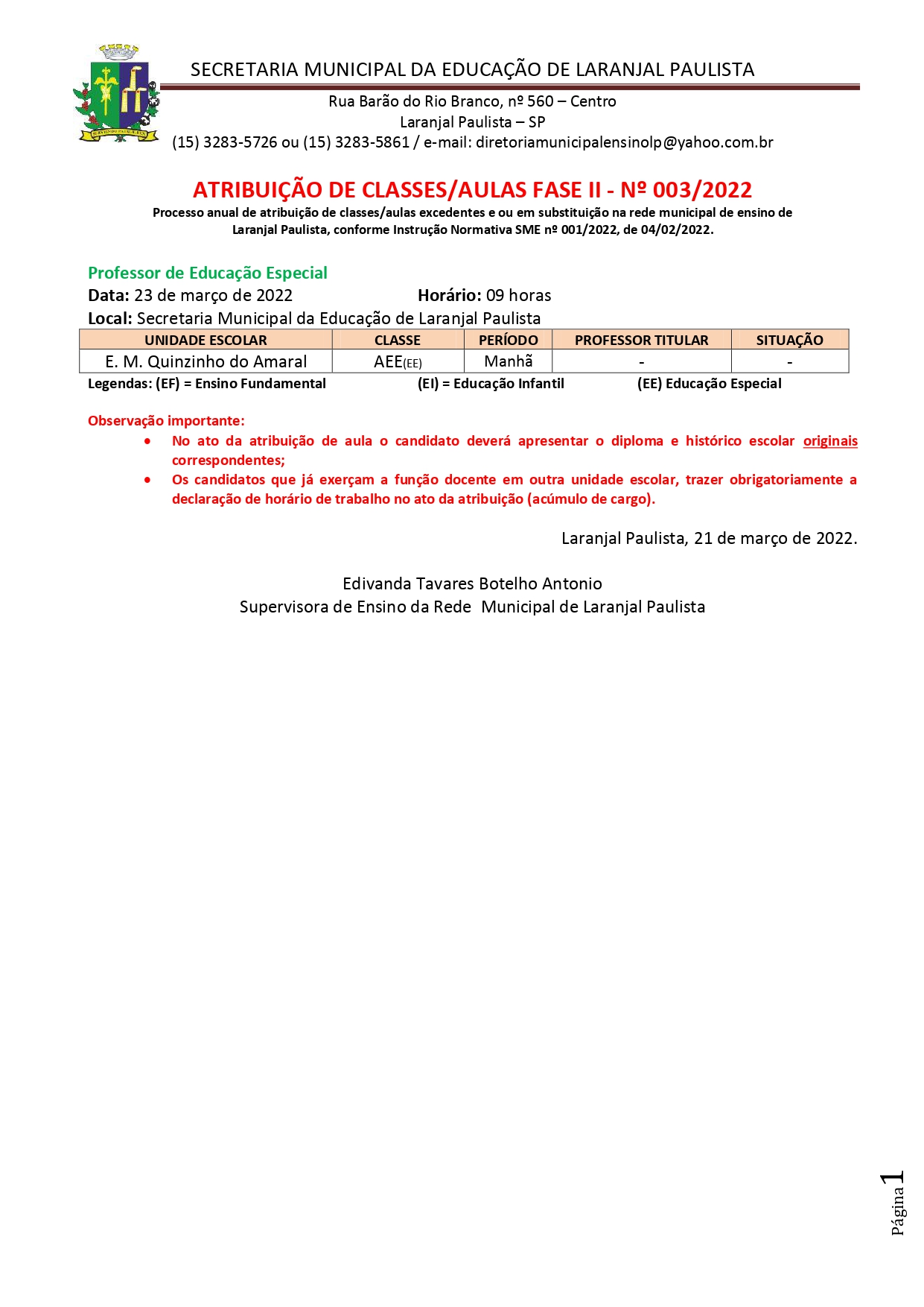 Atribuição de classes/aulas fase II - nº 003/2022