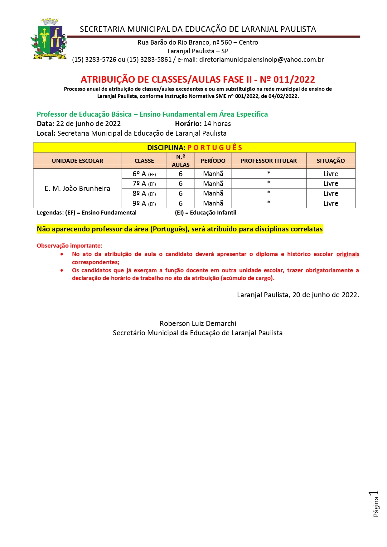 Atribuição de classes/aulas fase II - nº 011/2022