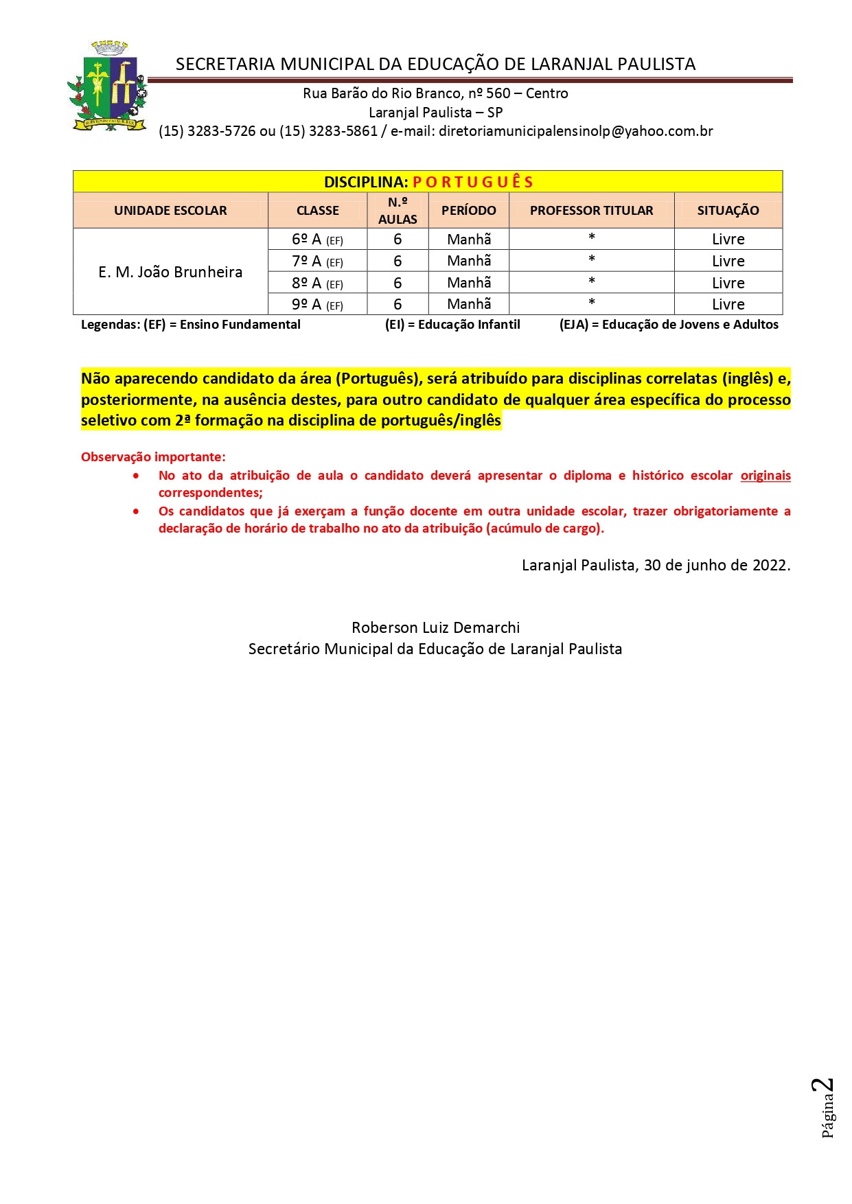 Atribuição de classes/aulas fase II - nº 013/2022