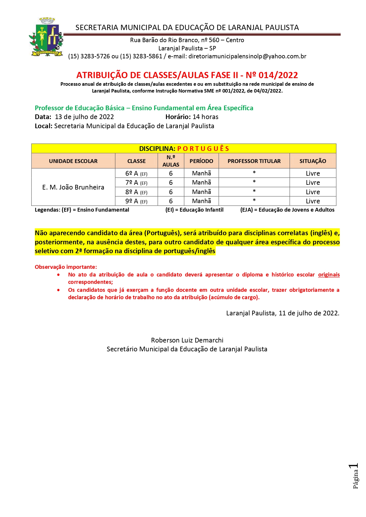 Atribuição de classes/aulas fase II - nº 014/2022