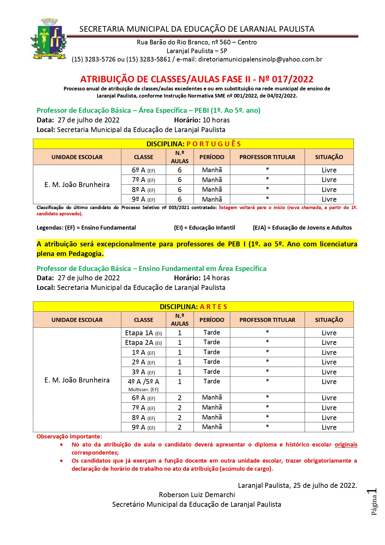 Atribuição de classes/aulas fase II - nº 017/2022