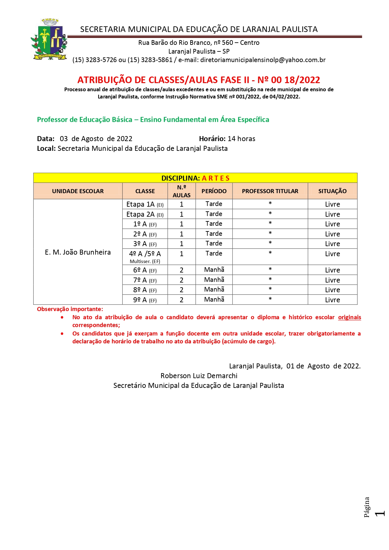 Atribuição de classes/aulas fase II - nº 018/2022