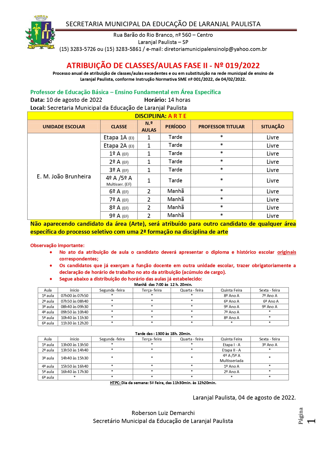 Atribuição de classes/aulas fase II - nº 019/2022