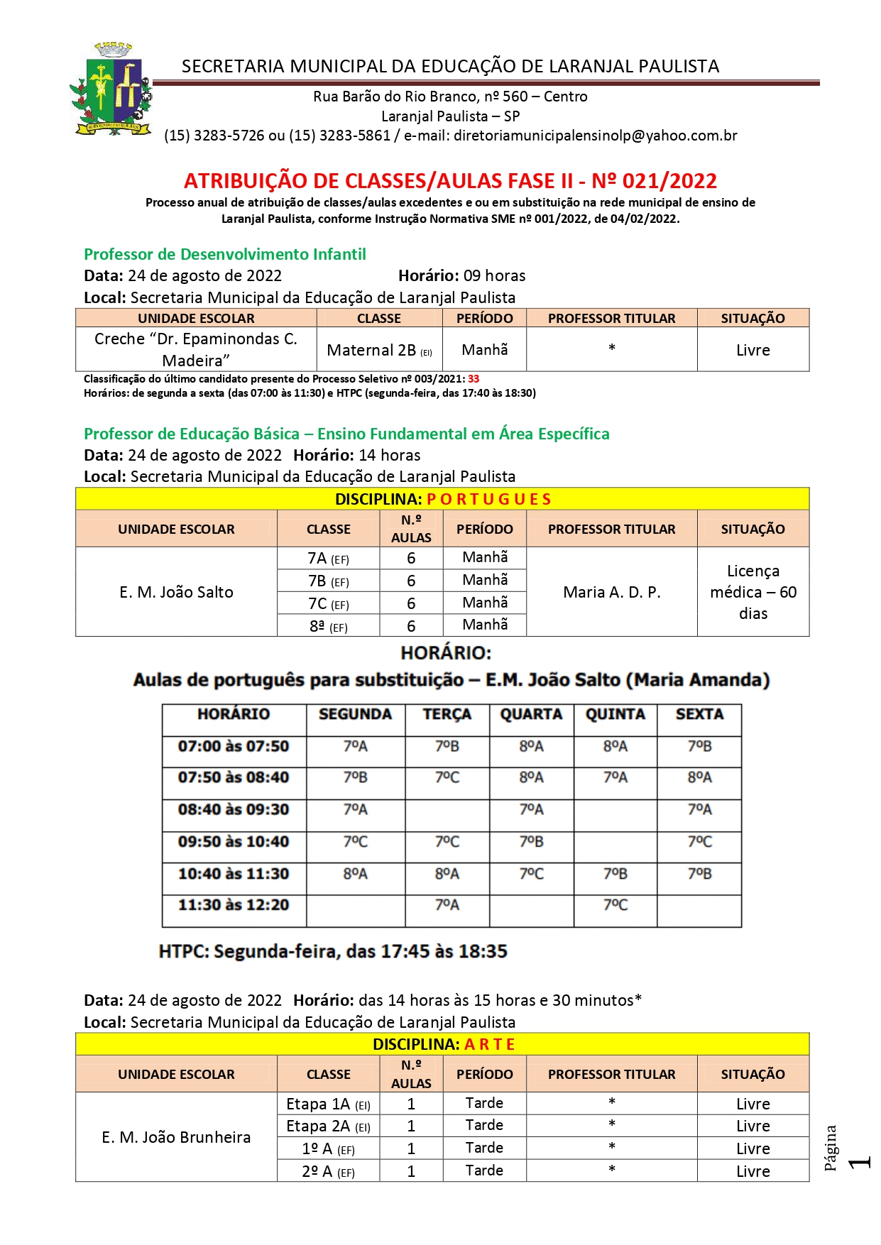 Atribuição de classes/aulas fase II - nº 021