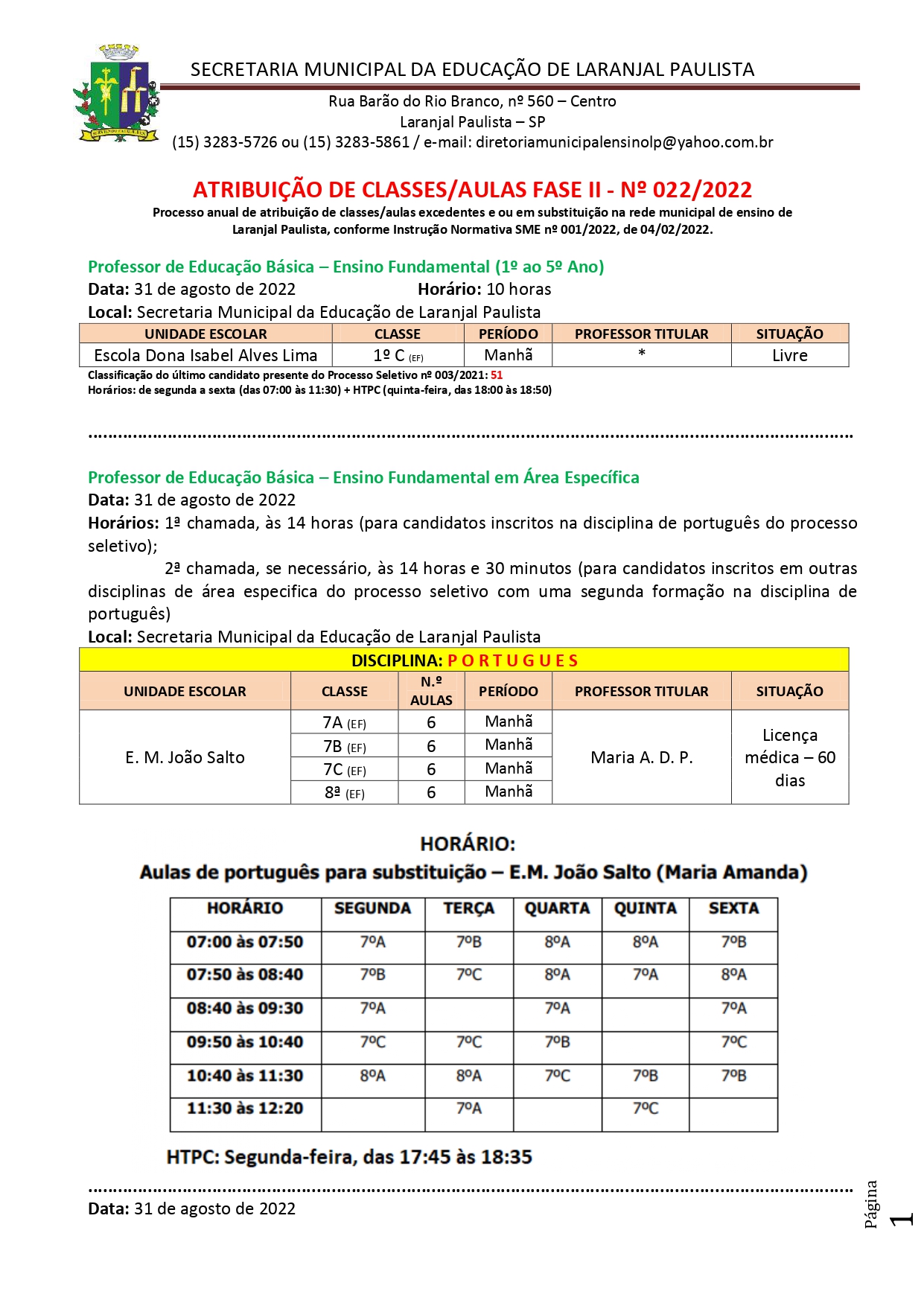 Atribuição de classes/aulas fase II - nº 022/2022