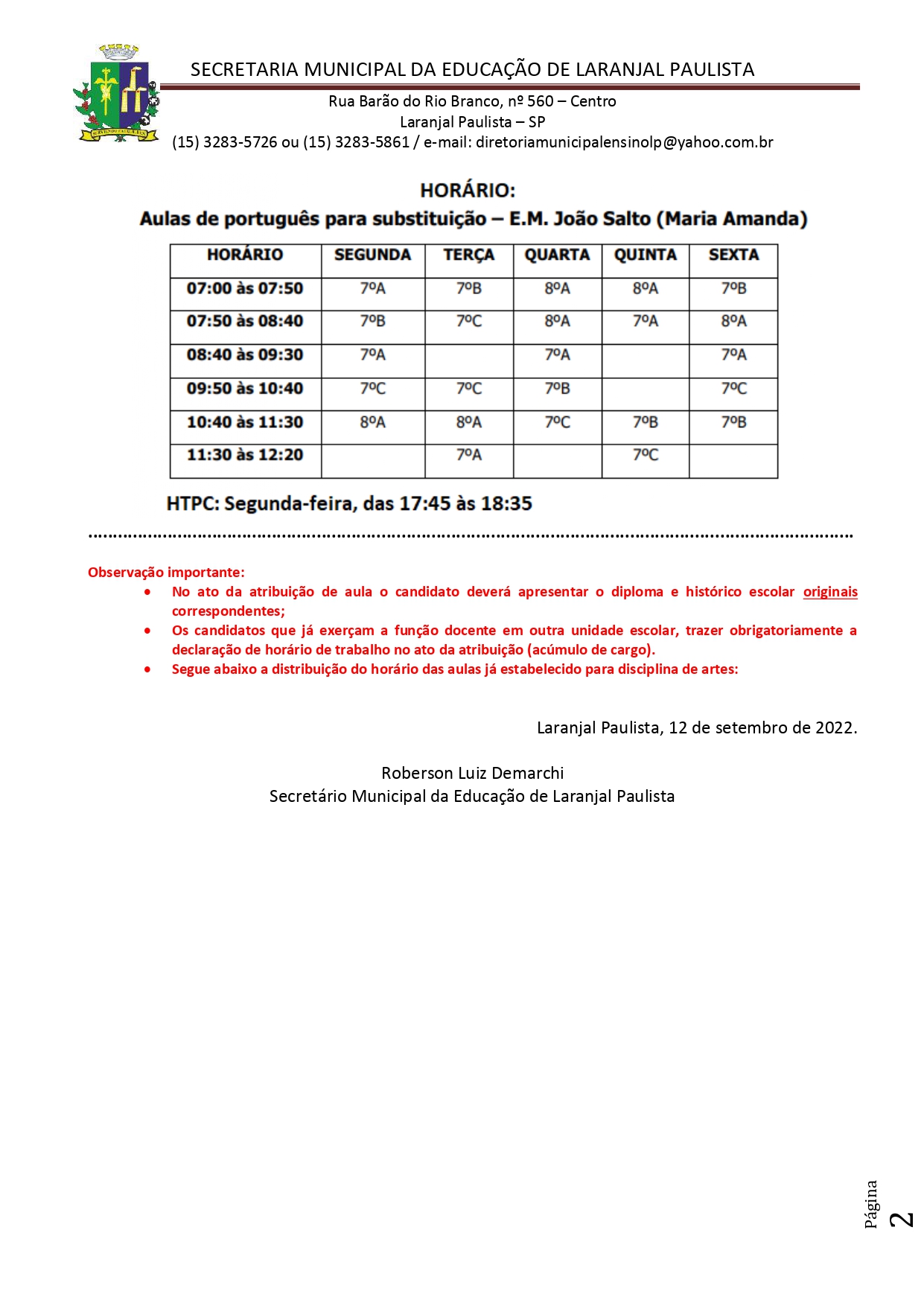 Atribuição de classes/aulas fase II - nº 023/2022