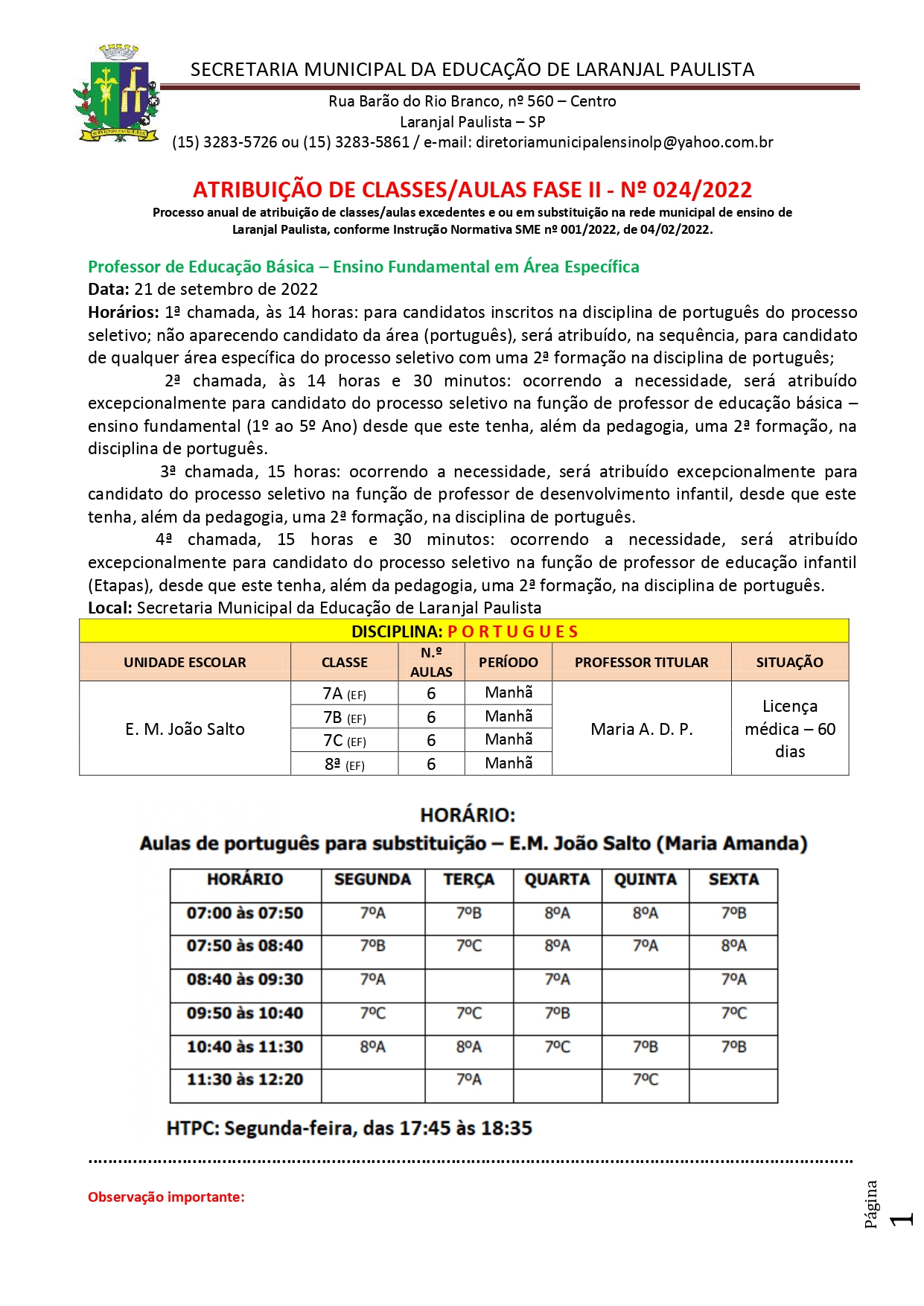 Atribuição de classes/aulas fase II - nº 026/2022