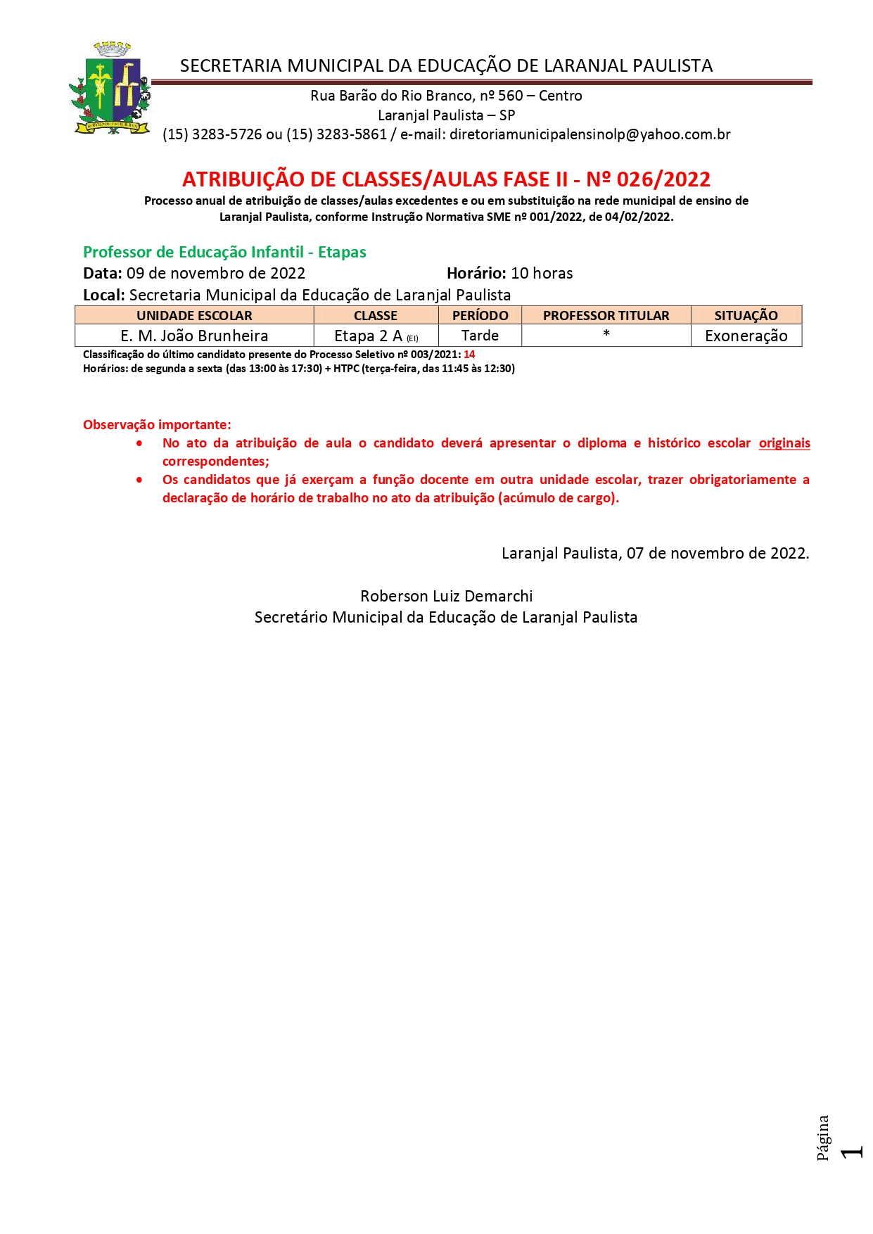 Atribuição de classes/aulas fase II - nº 026/2022