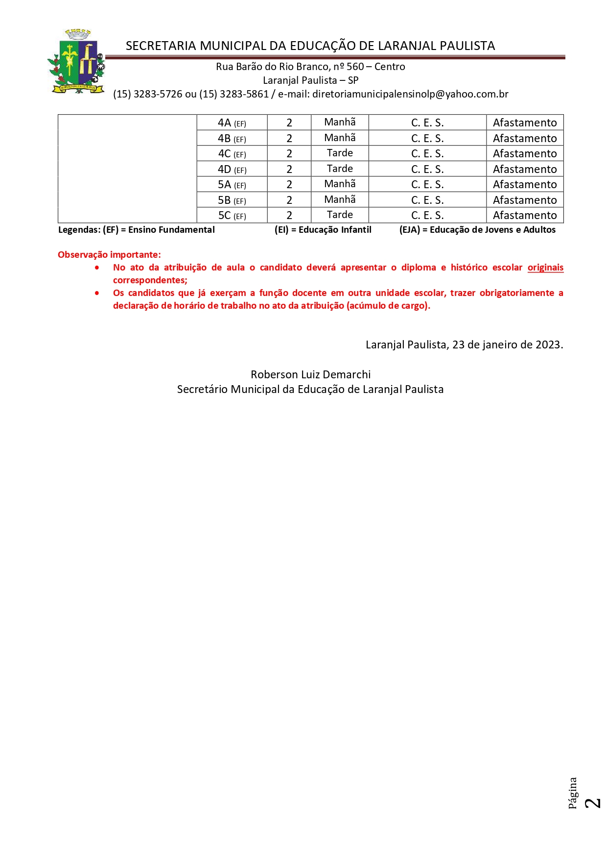 Atribuição de classes/aulas nº 001/2023