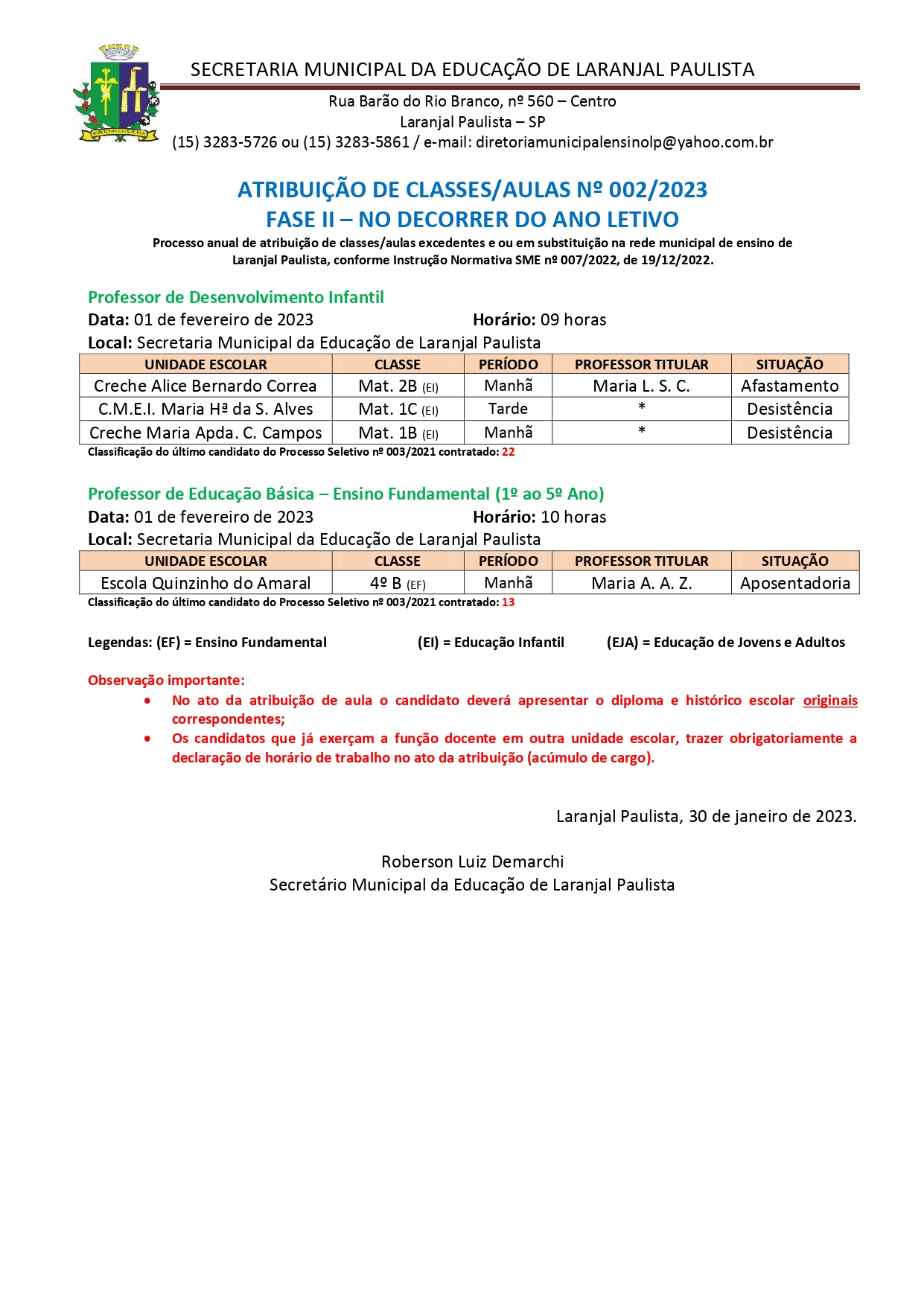 Atribuição de classes/aulas nº 002/2023