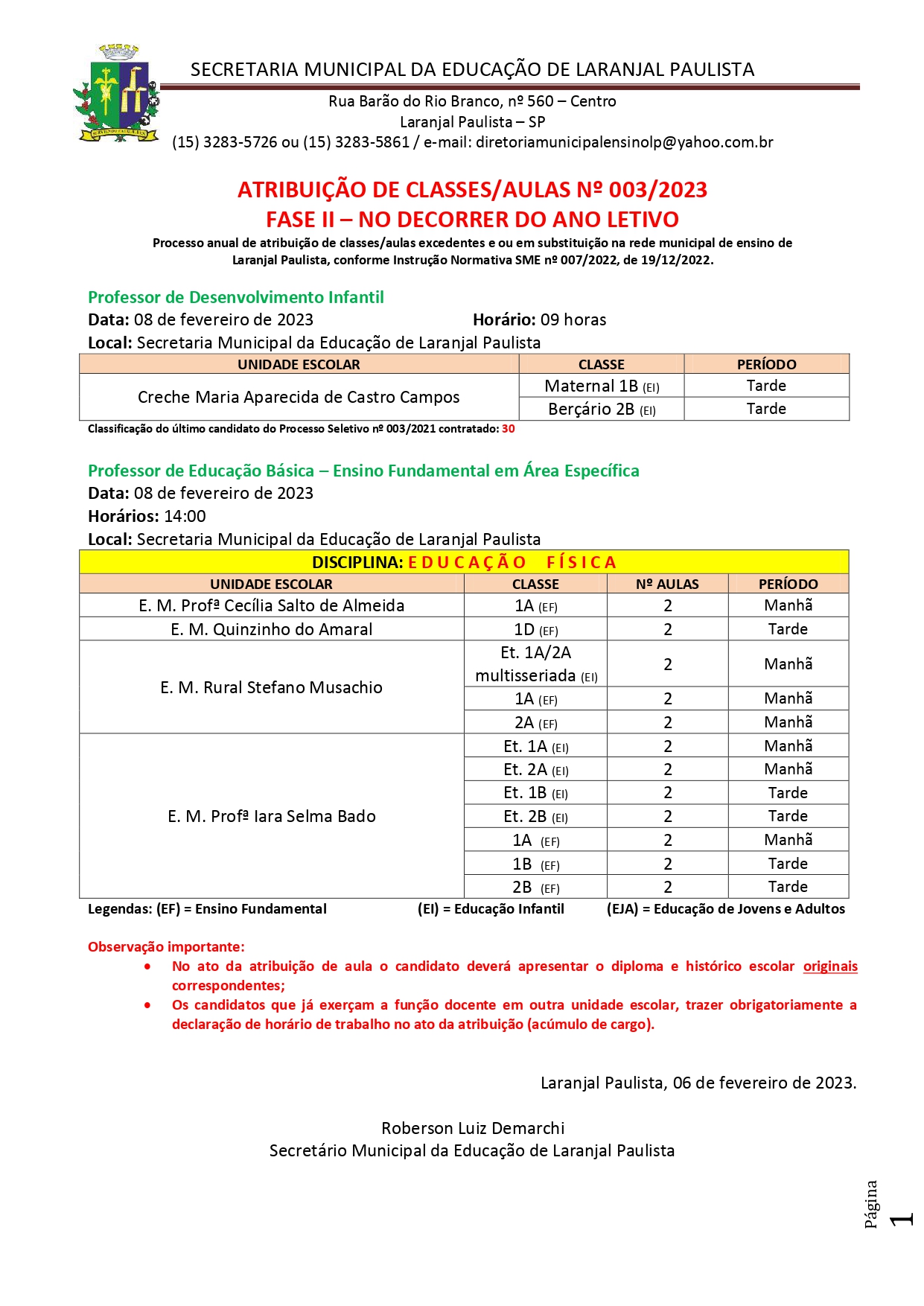 Atribuição de classes/aulas nº 003/2023