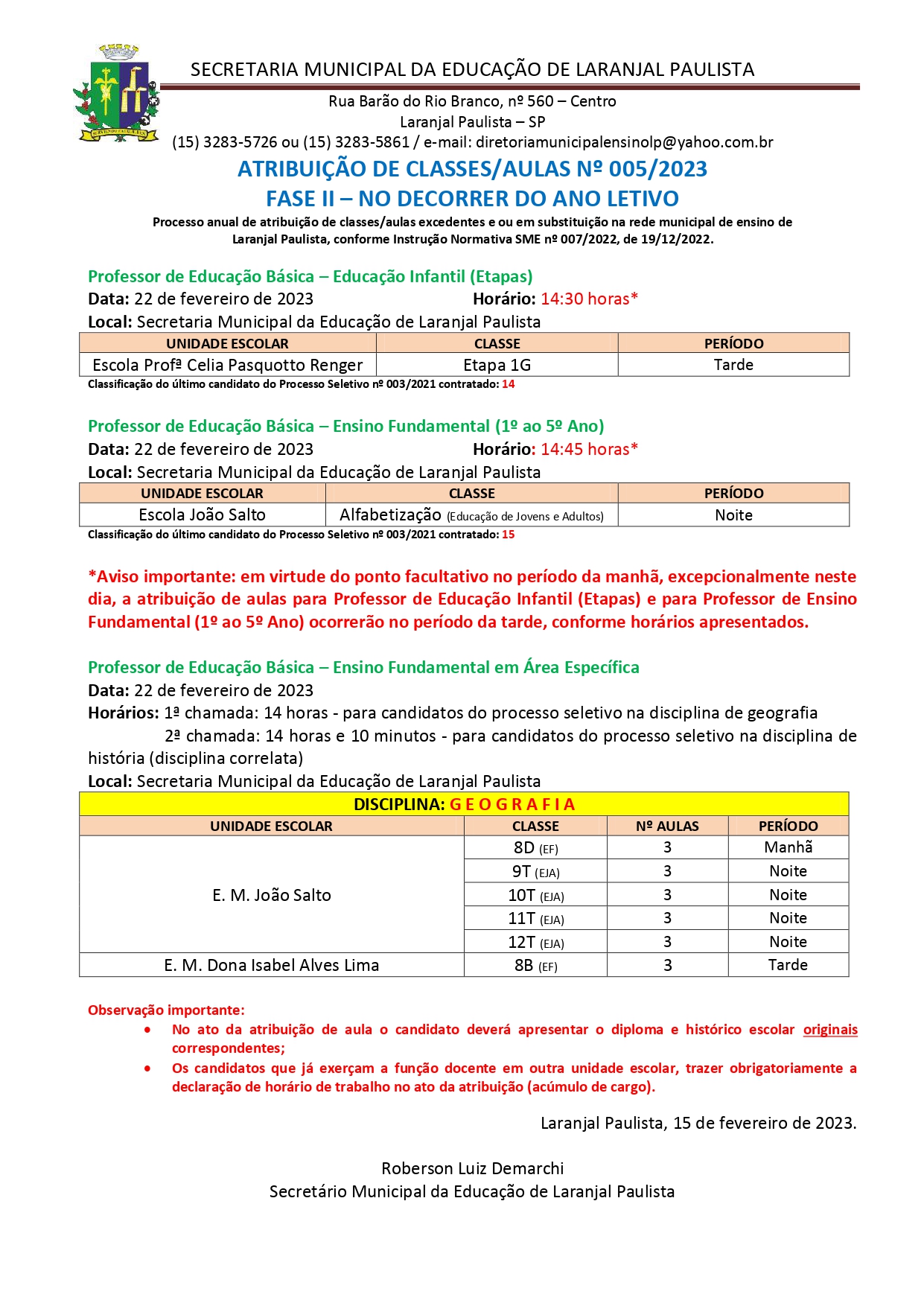 Atribuição de classes/aulas nº 005/2023