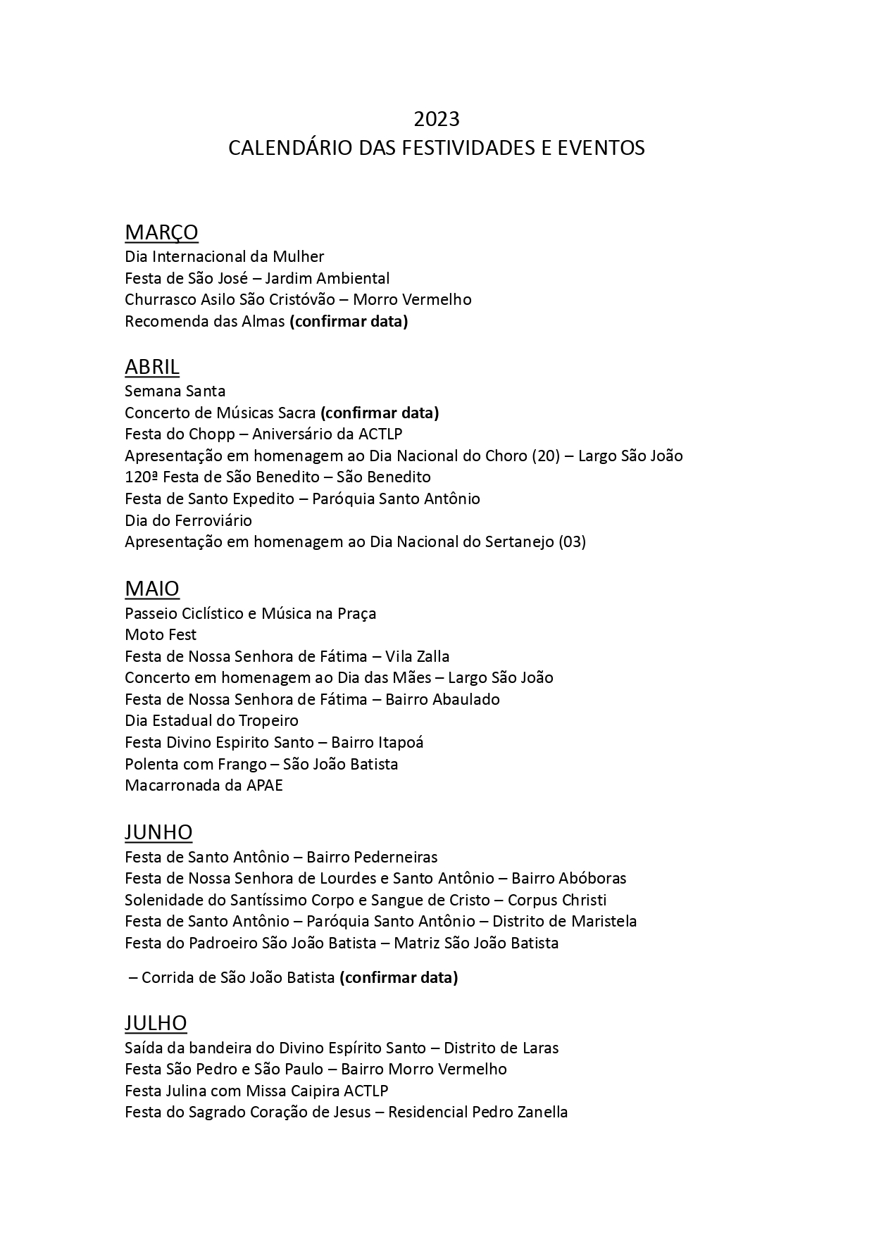 Calendário de eventos 2023