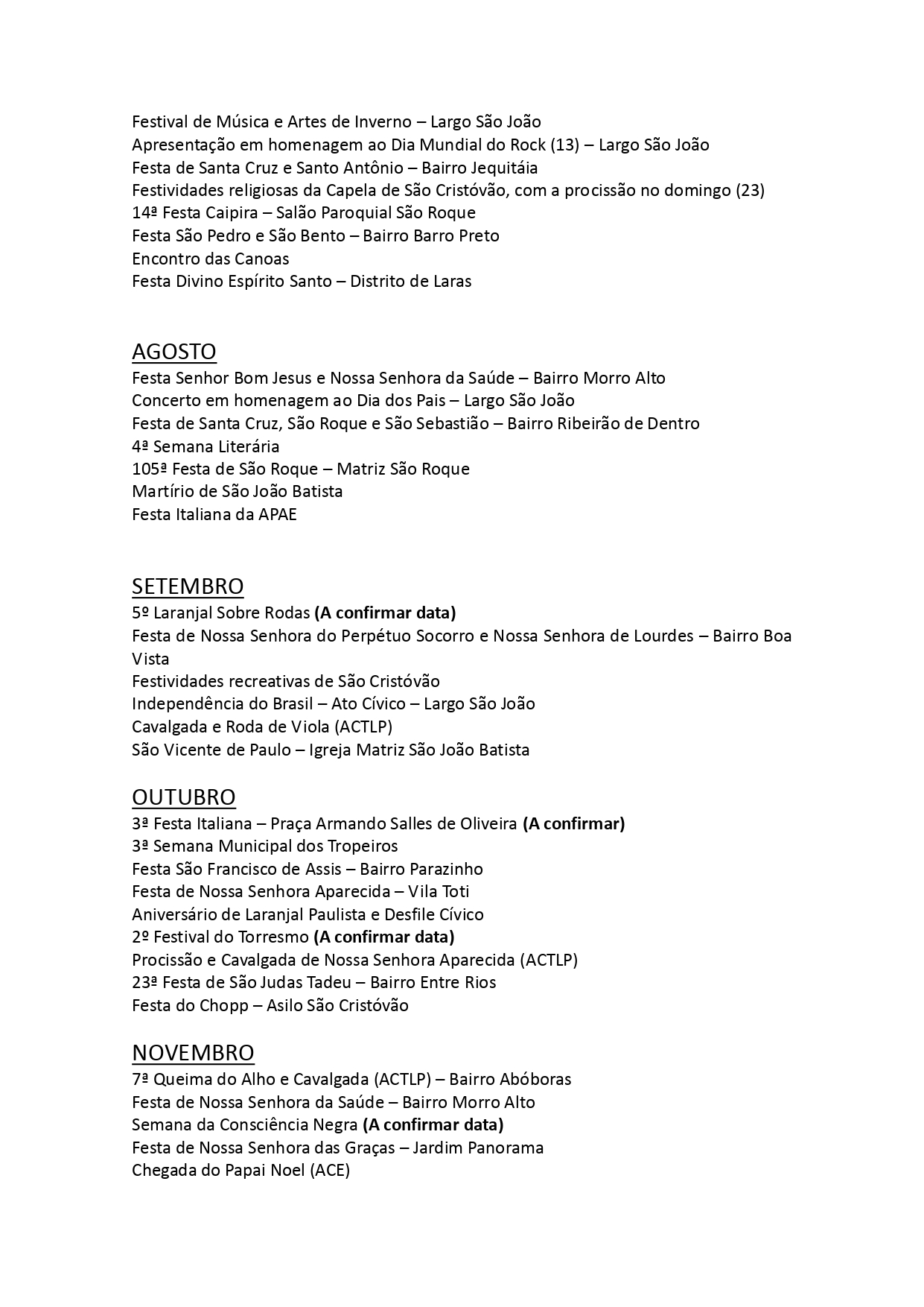 Calendário de eventos 2023