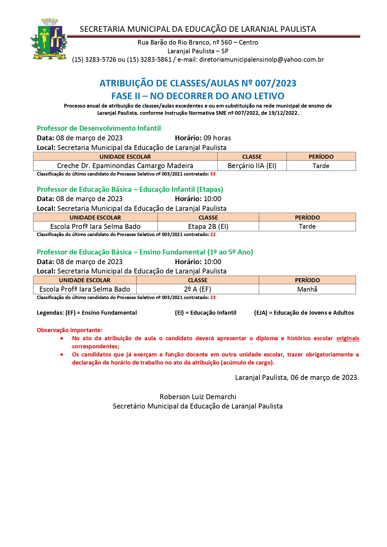 Atribuição de classes/aulas nº 007/2023