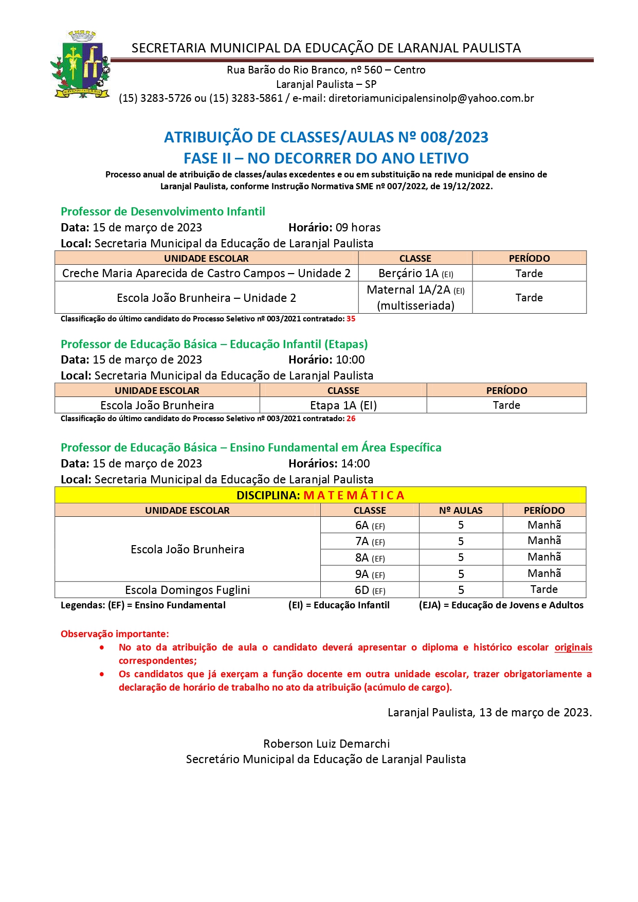 Atribuição de classes/aulas nº 008/2023