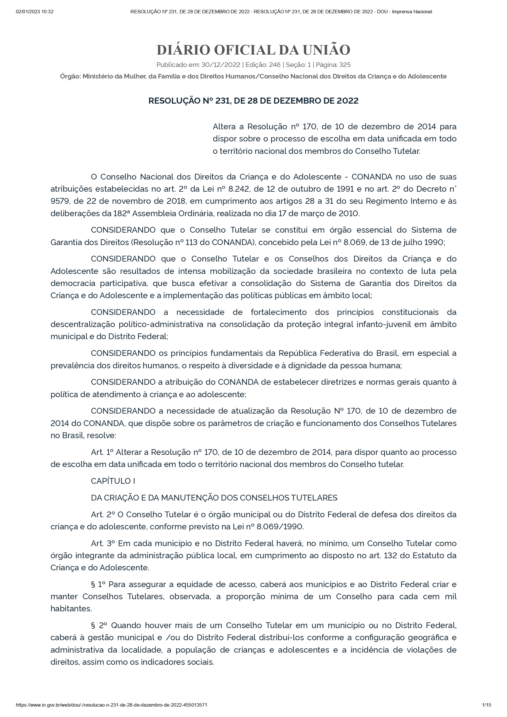Resolução Conanda nº 231/2022 Resolução Conanda nº 231/2022